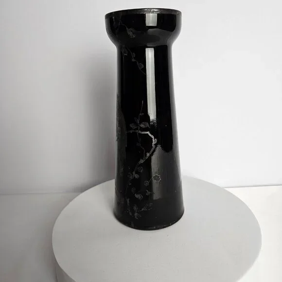 Czechoslovakian Pottery Vase Black Hand-Etched Bird Motif Gloss Finish 6.5"t - Picture 2 of 16